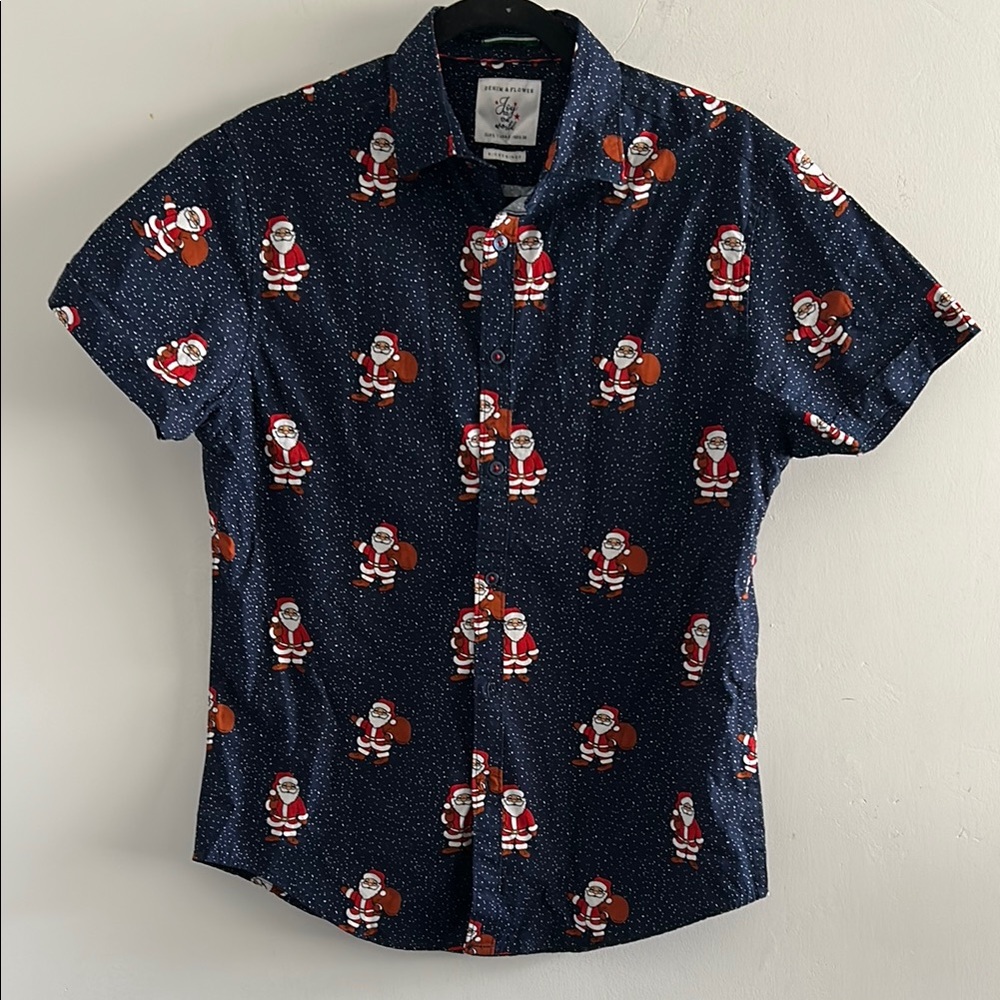 Denim & Flower, Men’s Size Small Navy Blue Santa Print Shirt
